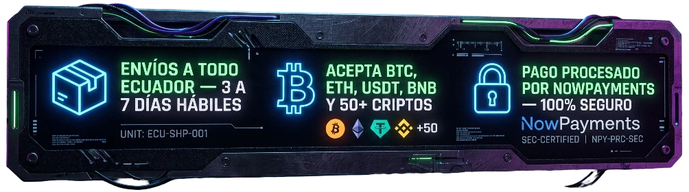 Envíos a todo Ecuador · Acepta BTC ETH USDT y 50+ criptos · Pago 100% seguro por NowPayments